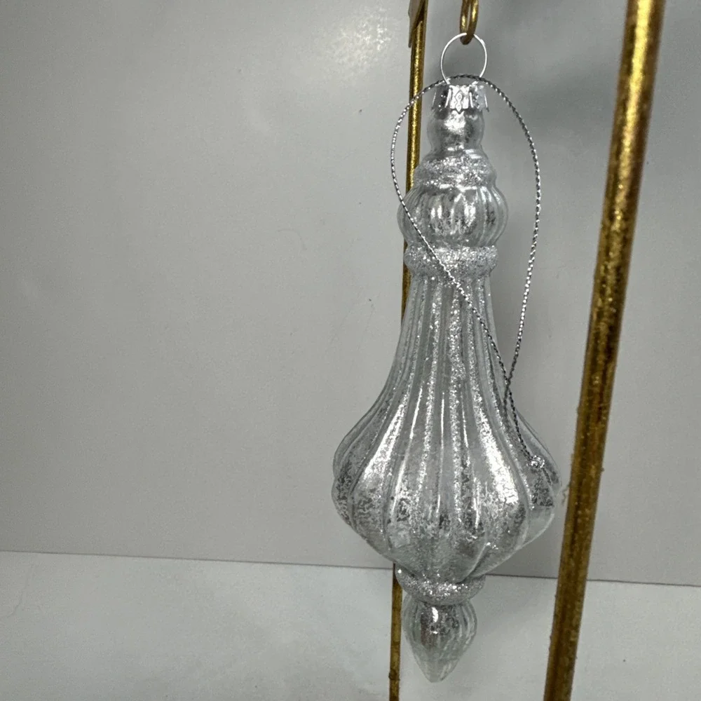 Set (2)‎ Silver and glittered mercury glass blown finial shaped ornaments 6 in